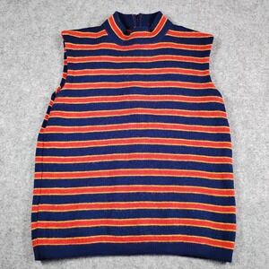 Vintage Ladybug Striped Wool Sleeveless Mock Neck Sweater Navy Red Yellow